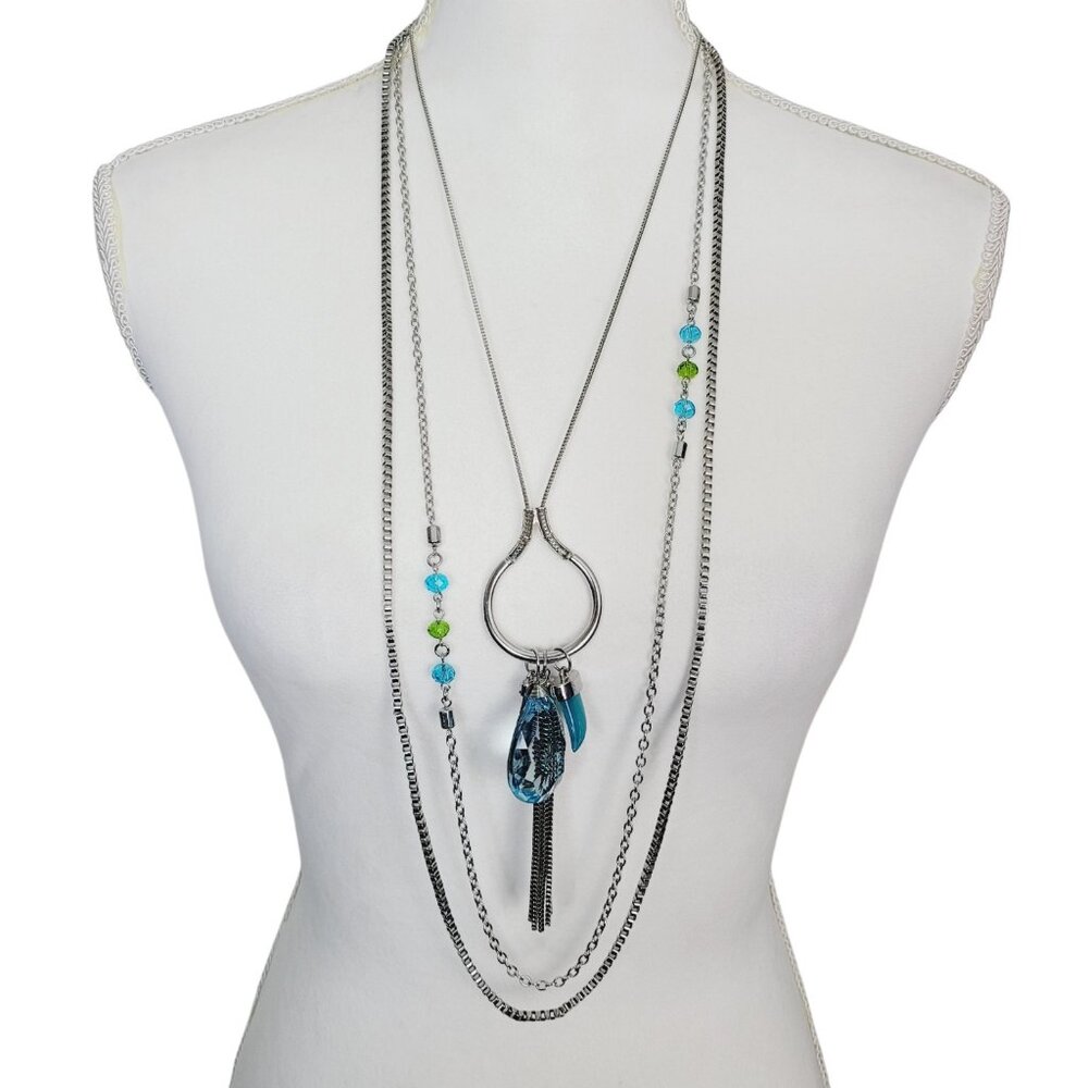 Silver Tone Triple Strand Charm Necklace 24"-39" Blue Green Beads